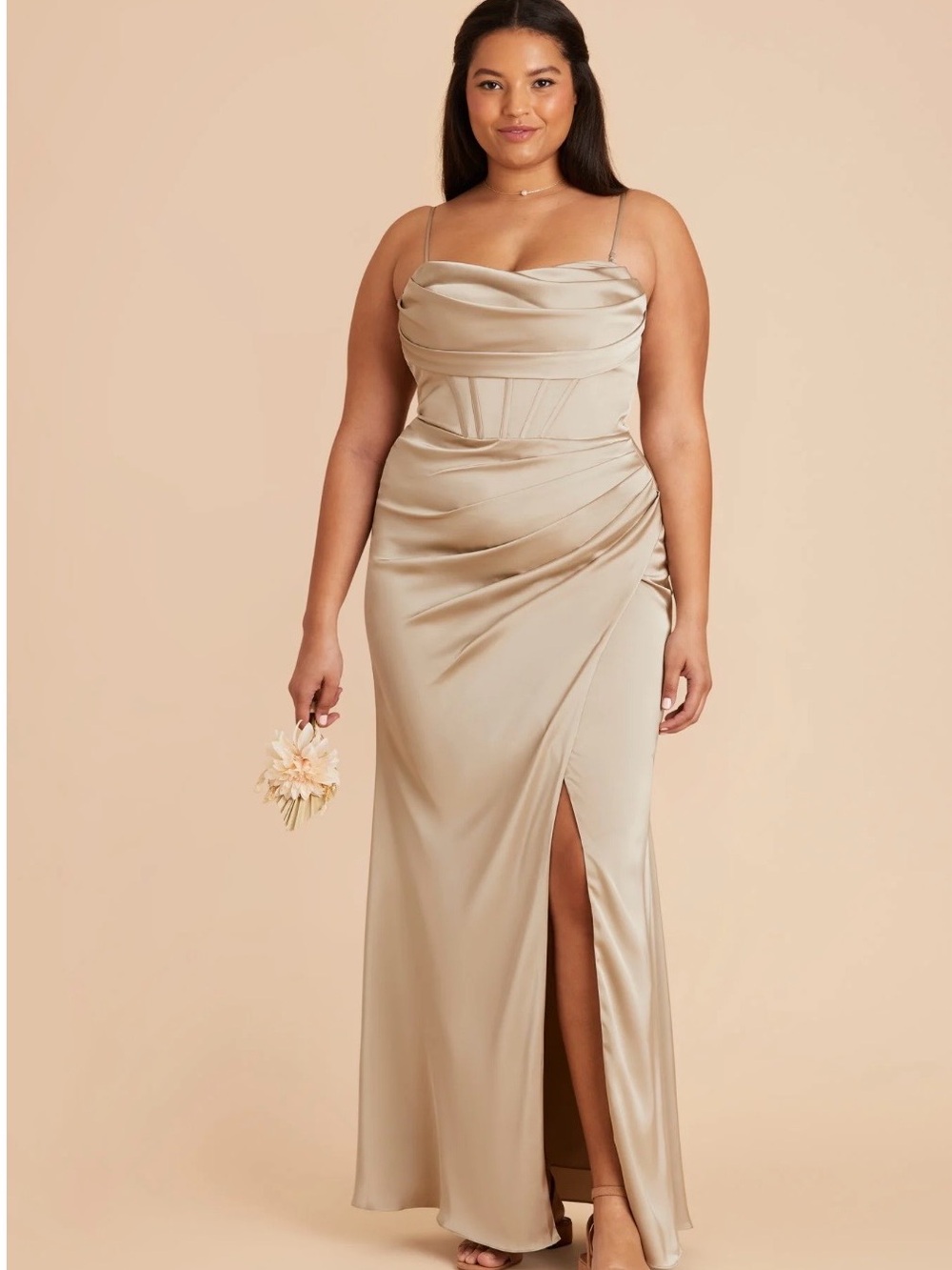 Birdy Grey Champagne Satin Cowl-Neck Maxi Bridesmaid Dress NWT